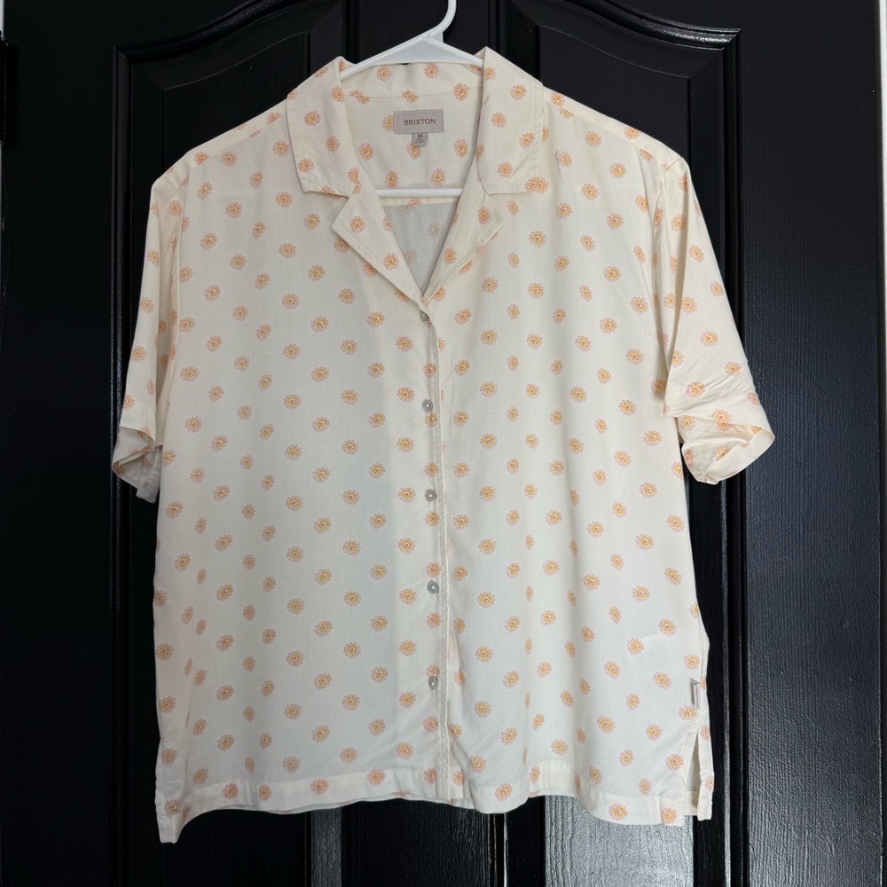 Brixton Cream Button-Down Short Sleeve Shirt with Orange Floral Print